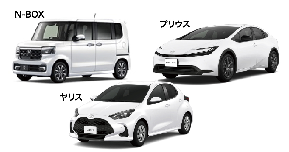 N-BOX、プリウス、ヤリスが並ぶ写真